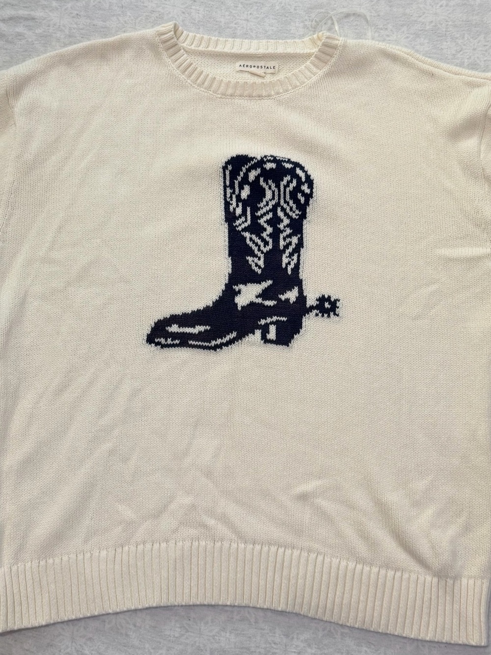 Aeropostale Cream Crewneck Sweater with Navy Cowboy Boot Motif oversized XL